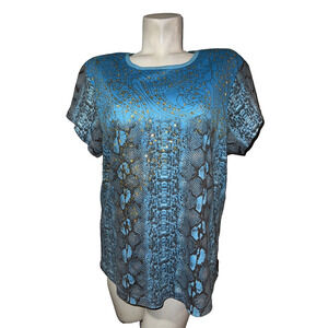 RAAKHEE Top Women's Plus Size 1X Blue Gold Sequin Embellish Glitter SS Tee Shirt